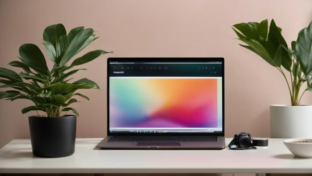 a sleek laptop displays a colorful, inviting webpage on its screen, set on a minimalist desk with a potted plant beside it.