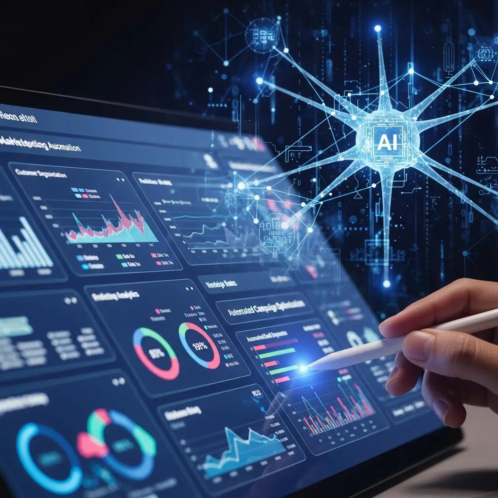 Close-up of AI-driven marketing automation dashboard with analytics and a user