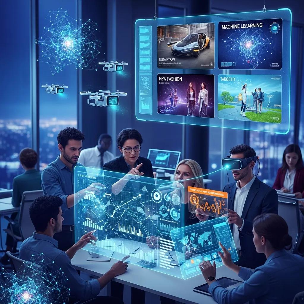 Futuristic digital marketing scene with professionals using technology and data analytics