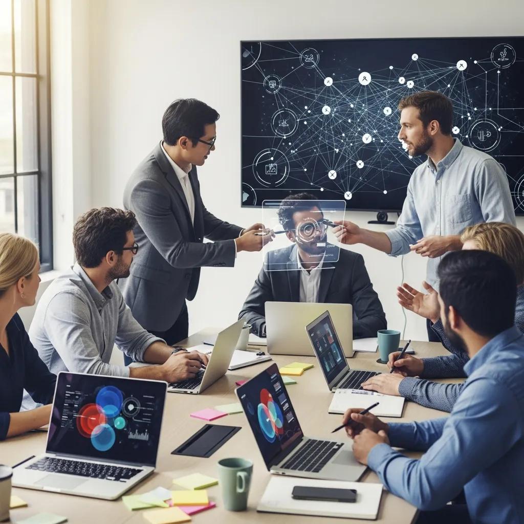 Marketers collaborating on lead generation strategies with digital devices