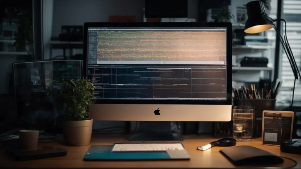 a computer screen with a complex flowchart symbolizing integration processes is displayed prominently on a brightly lit desk.